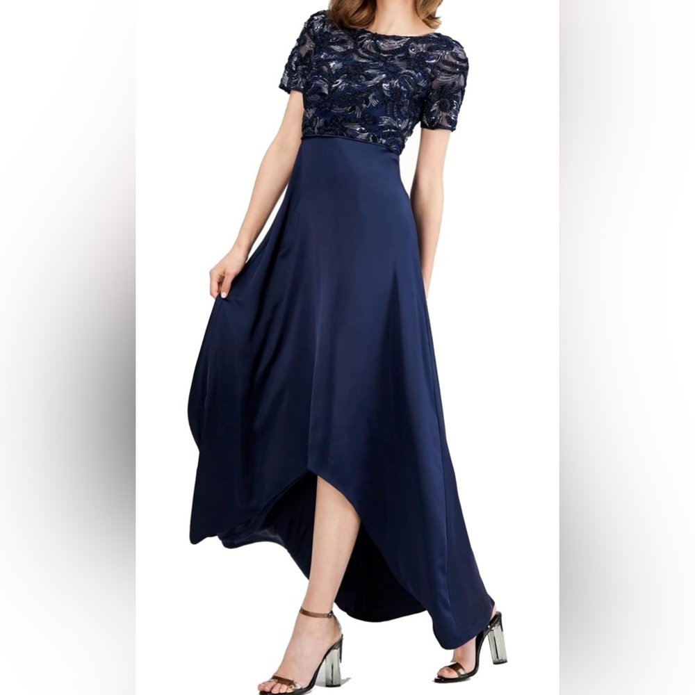 ADRIANNA PAPELL Soutache Navy Short Sleeve Hi-Lo Formal Dress Size 12 NWT $249